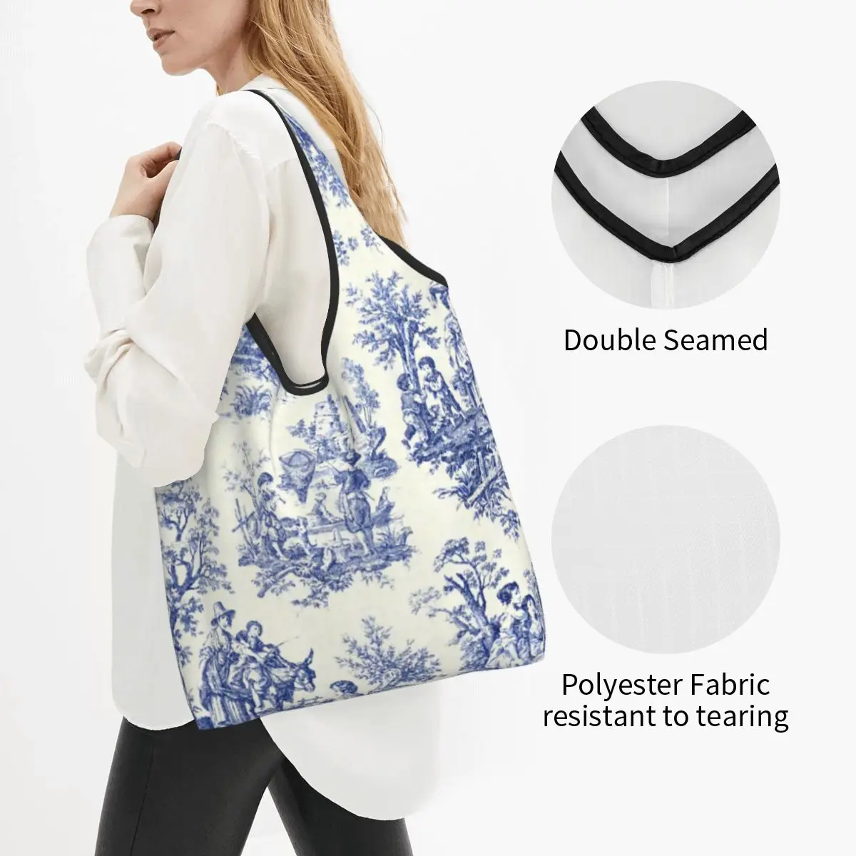 Francese blu Navy Toile De Jouy motivo motivo borsa per la spesa Shopper Tote borsa a tracolla grande tradizionale francia arte borsa