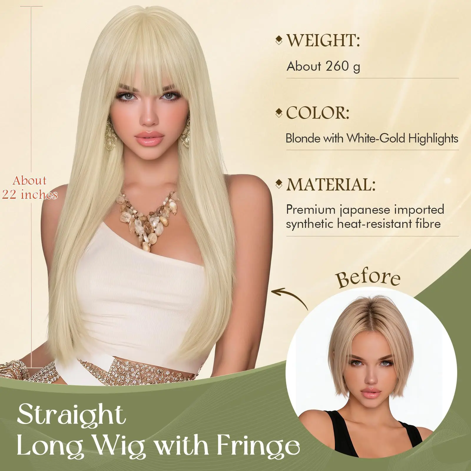 Long straight hair synthetic wig, golden Halloween cosplay wig, role-playing wig, daily wig, high-temperature hair accessory