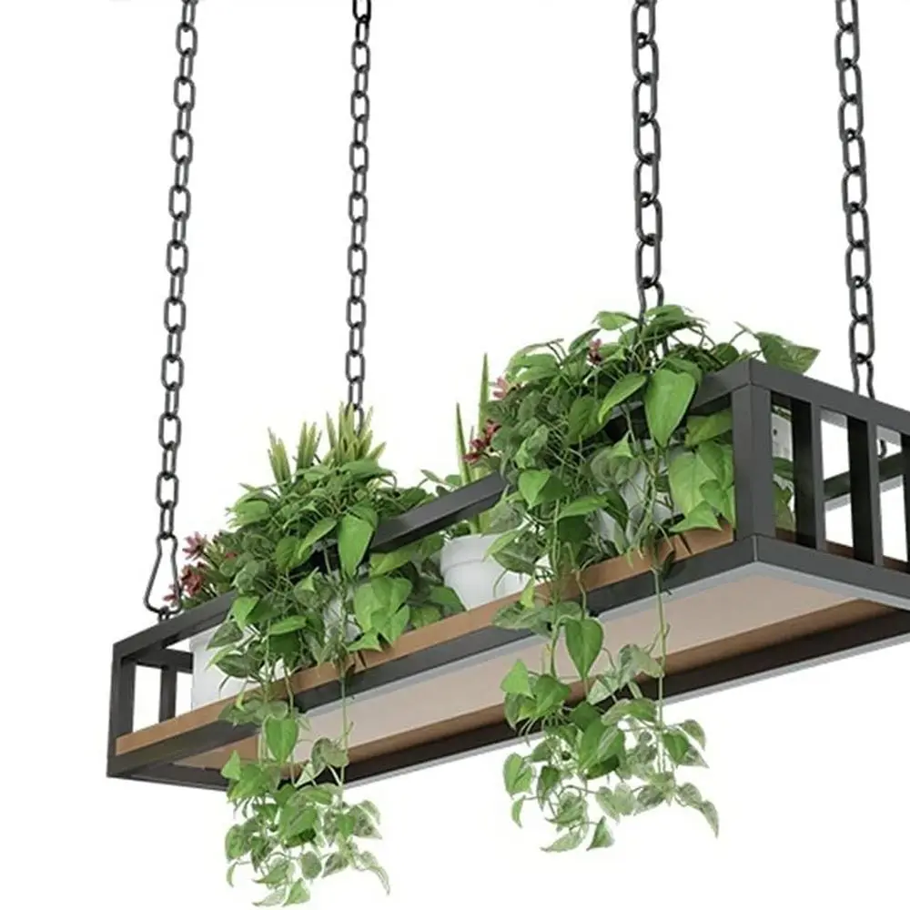 

Wooden Framed Hanging Plant Shelf with Iron Chain, Floating Rack for Balcony or Flower Shop, Wine & Pot Holder (14x25x15cm)