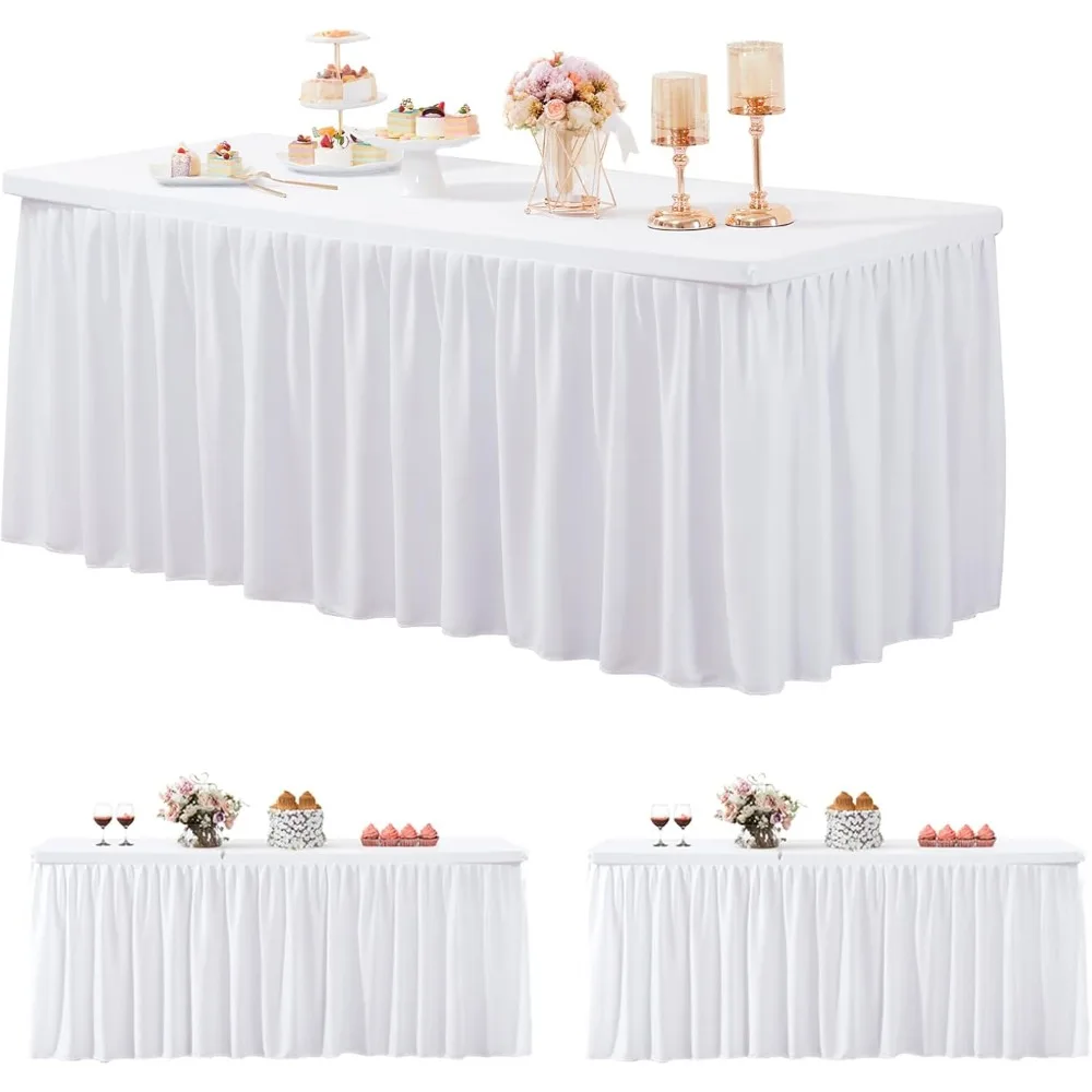 3Pc White Table Cloths for 6foot Rectangle Tables Fitted, Open Back Stretch White Ruffle Tablecloth for Craft Show Party Wedding