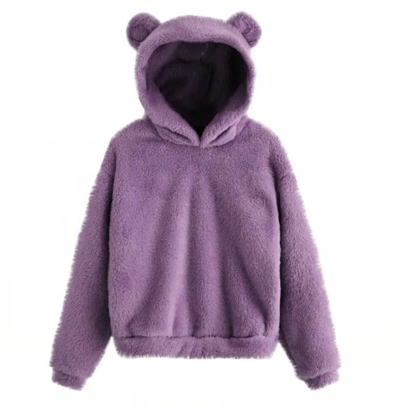 Autumn Winter Women\'s Hoodie Pullover Solid Long Sleeve Fleece Sweatshirt Warm Bear Shape Fuzzy Hoodies Sweater Pullovers Female