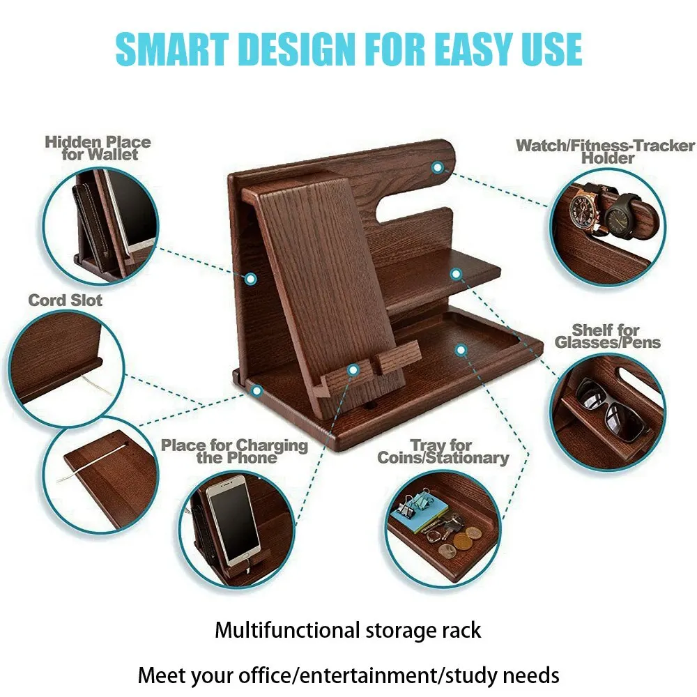 Wooden Mobile Phone Holder Desktop Storage Rack Multifunction Shelf Sundries Tray Charging Station Organizers Storage for Gift