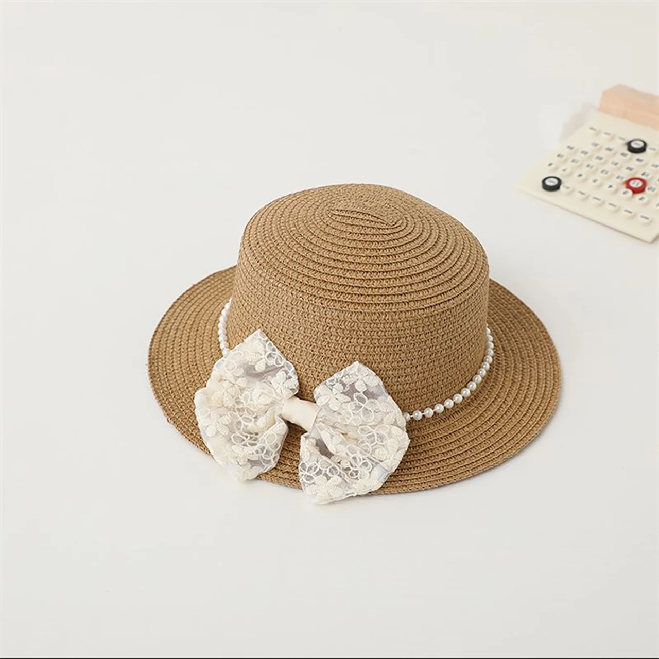 

Lace Bow Flat Top Hat Children Girl Summer Sun Hat White Pearl Handmade Straw Fisherman Cap French Kids Sunshade Visors 1-6Year