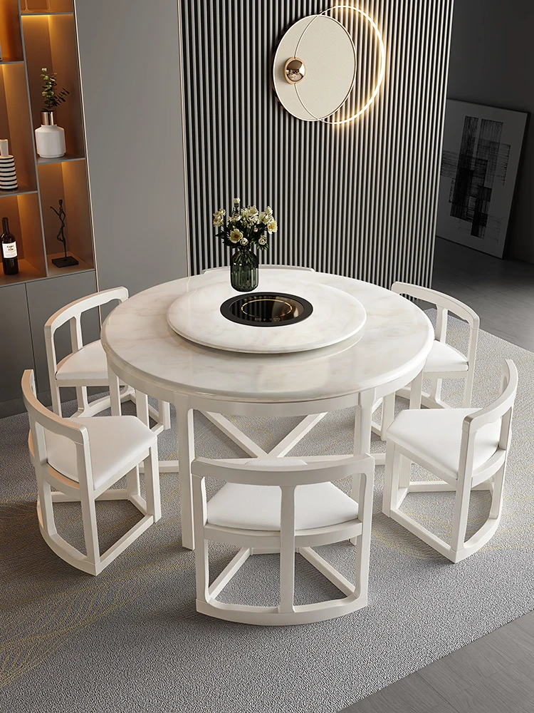 Rock board solid wood dining table and chair combination household circular electric rotary table dining table small unit