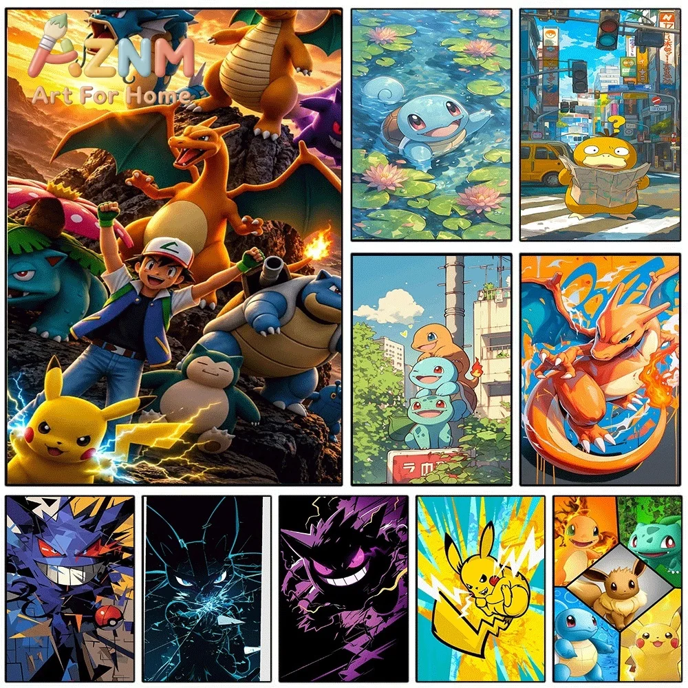 Sunset Group Pokemon Trainer Ash Canvas Wall Art No Frame Anime Print Poster Painting for Kids Bedroom Living Room Home Wall D