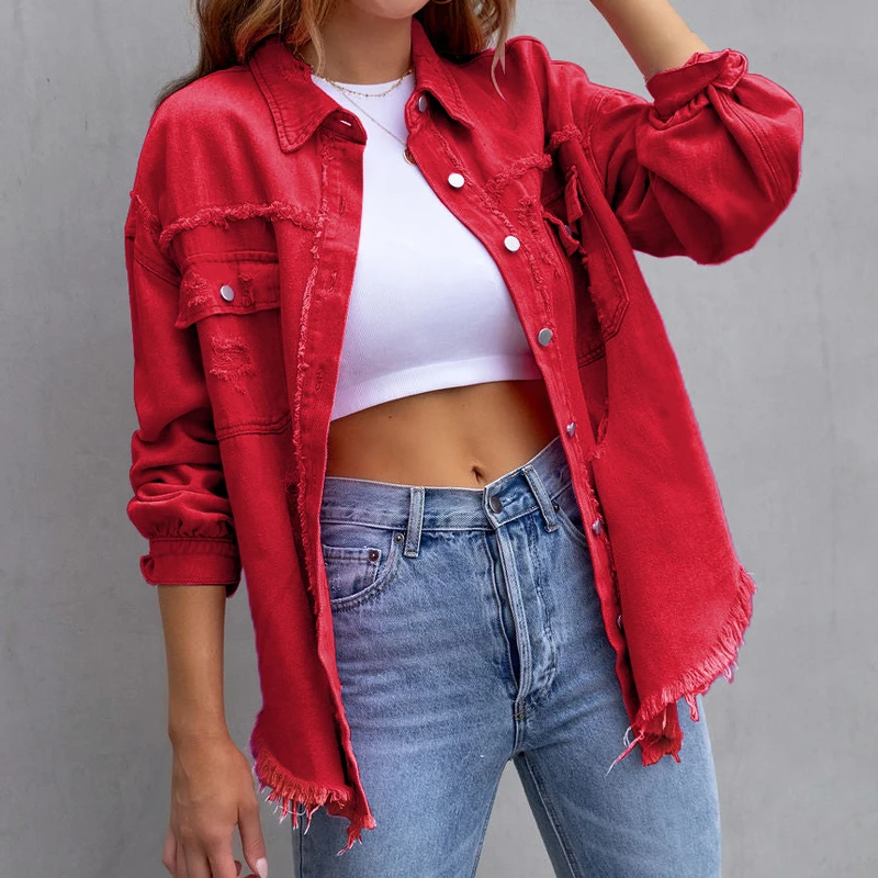 여성 데님 재킷 가을 긴 소매 턴 다운 칼라 포켓 캐주얼 디스트레스드 빈티지 찢어진 진 코트