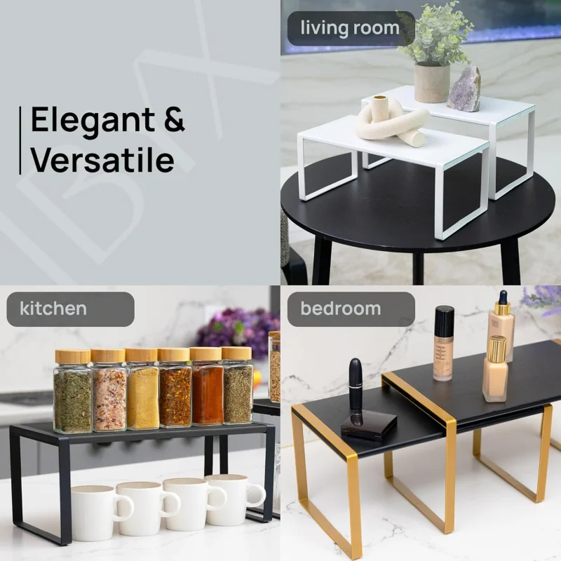 Premium Kitchen Cabinet Organizer Shelf - Set of 3 Kitchen Counter Shelves - Stackable & Expandable Shelf Racks Kitchen Cabi