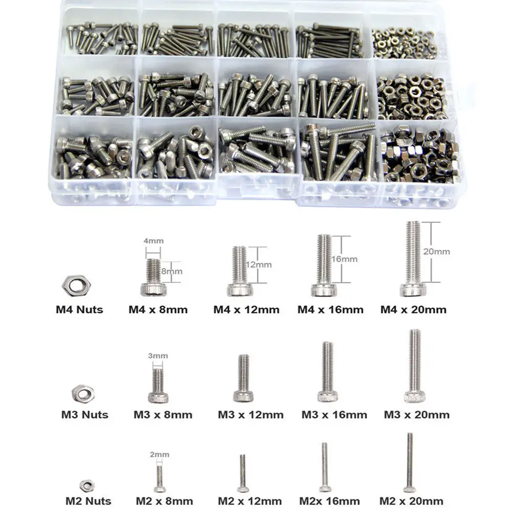 480Pcs 304 Stainless Steel Assorted Socket Head Bolts Nuts Kit M2x8 M2x12 M2x16 M2x20 Metric Fasteners for Confined Spaces Home