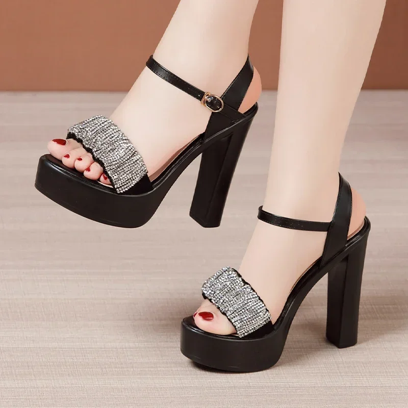8 10 13cm Small Size 32-43 Elegant Black Rhinestone Block High Heels Sandals Summer 2026 Platform Shoes Women for Office Model