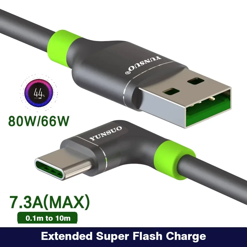 USB To Type-C Elbow 7A 65W 80W Ultra-long Data Transmission Fast Charging Cable for Oppo vivo Extended 10cm 1m 3m 4m 5m 8m 10m