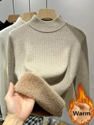 Winter Warme Trui Pullover Vrouwen Slanke Dikke Pluche Fluwelen Gevoerde Gebreide Trui Koreaanse Halve Coltrui Polera 'S Zachte Gebreide Tops