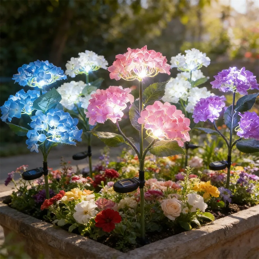

Искусственные гортензии на солнечных батареях с 3 головками для сада, для летних свадеб, вечеринок, праздничного декора, уличные светодиодные лампы-цветы для газона
