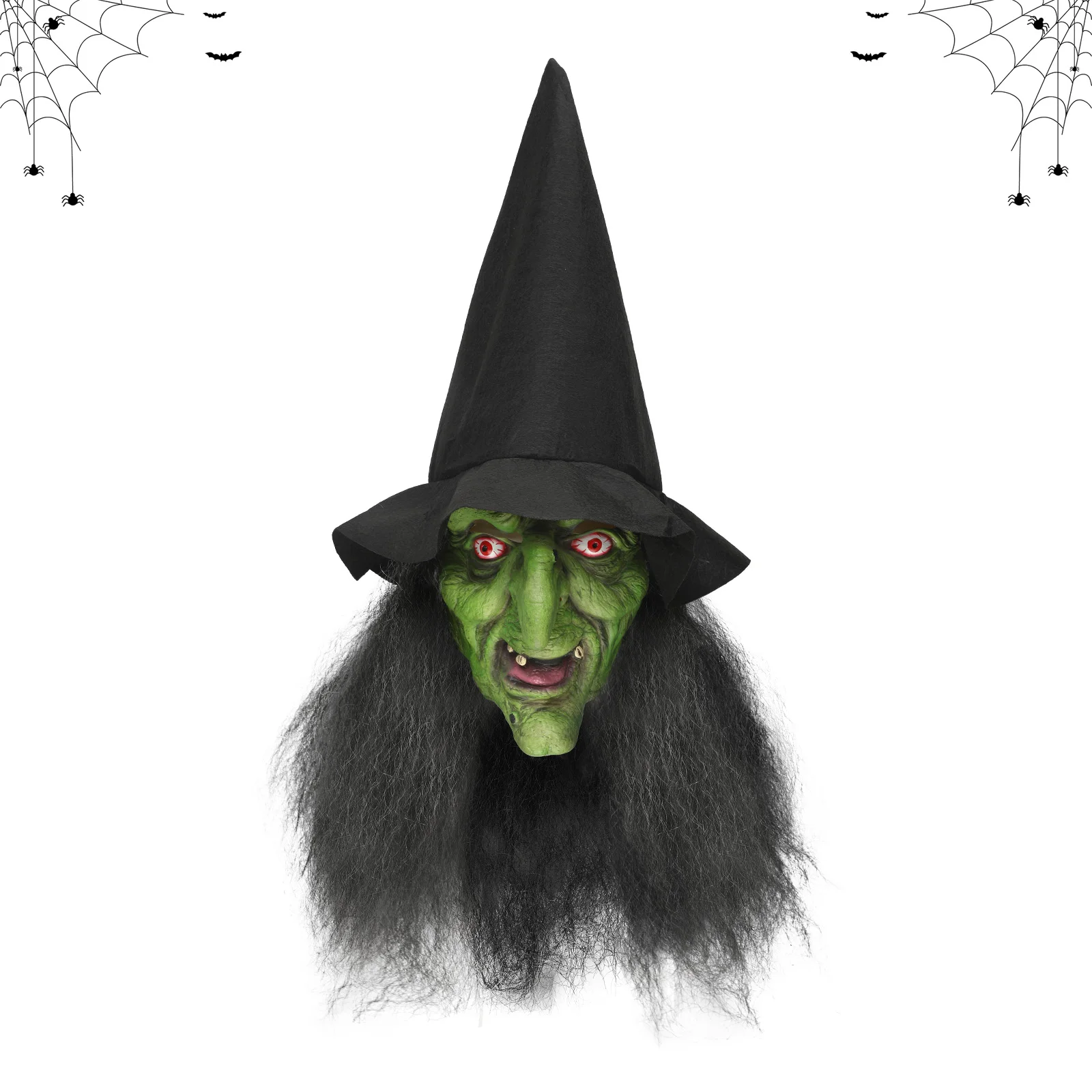 หน้ากากแม่มดโบราณสำหรับฮาโลวีน สีเขียวน่ากลัว หน้ากากแม่มดผู้แก่พร้อมผม หมวก แว่นตา เรืองแสง อุปกรณ์ประกอบคอสเพลย์ ชุดแม่มดสยองขวัญ แต่งหน้า