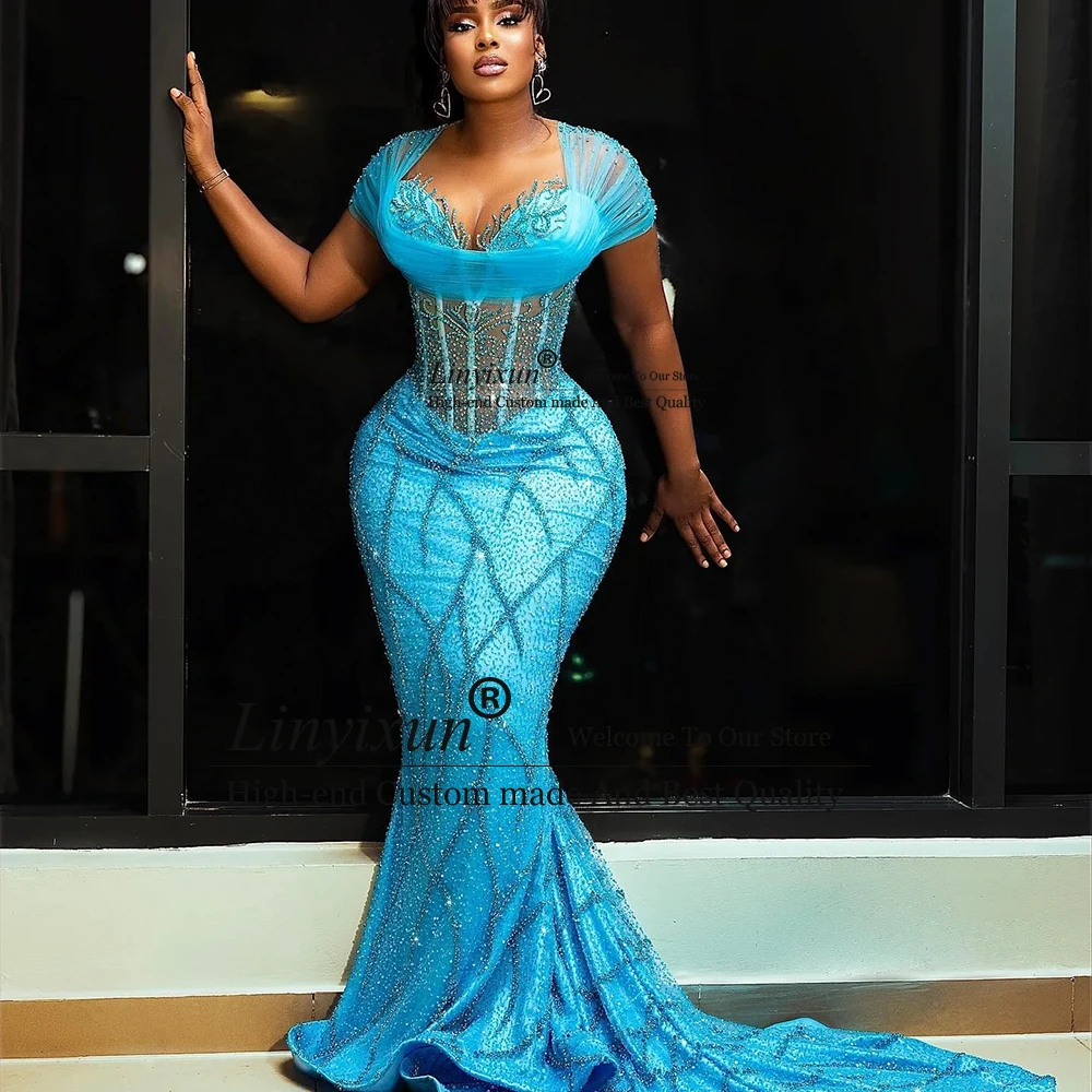 فساتين حفلة موسيقية كريستال أنيقة للمرأة الماس بريق حورية البحر رداء حفلات الزفاف مخصص بلا أكمام vestidos para noite