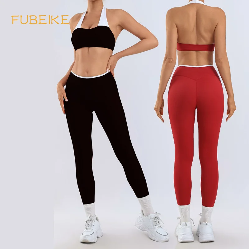 

Seamless 2PCS Pants Sets Slim Fit Solid Color High Waisted Women's Strappy Sports Bra Leggings Workout Running Gym Suits