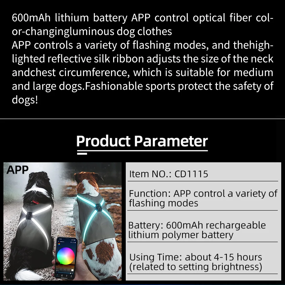 1 pc, LED Dog Harness Reflective Dog Cloth Bluetooth App Control LED Dog Vest for Small/Medium/Large/X-Large Size Dogs