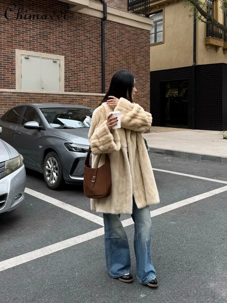 

Корейский стиль, элегантные модные светские зимние плюшевые длинные куртки с v-образным вырезом и длинными рукавами, свободные универсальные пальто из искусственного меха для женщин