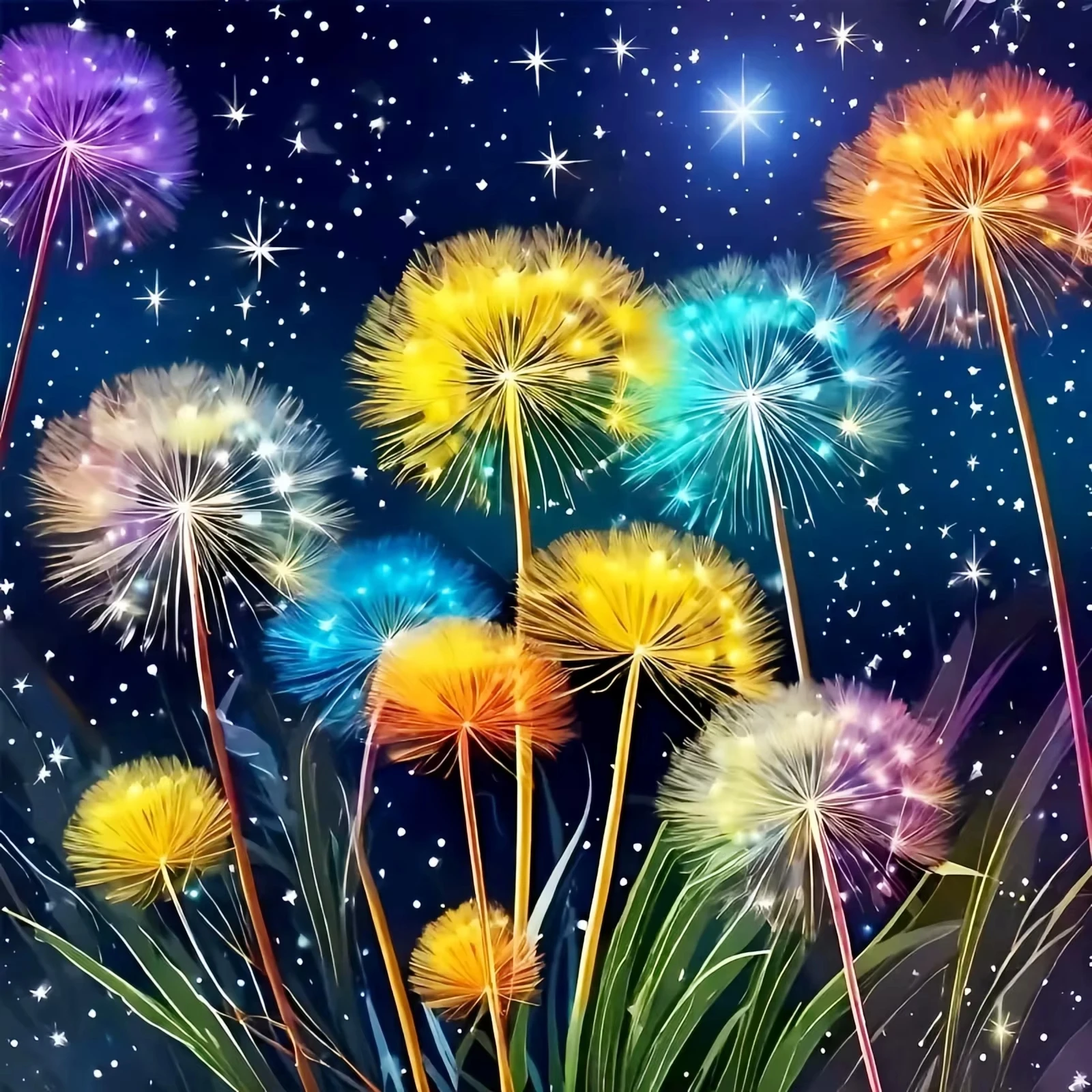 DIY Colorful Glowing Dandelion Diamond Painting, Magical Flower Under Starry Night Sky For Living Room Wall Decoration Gift