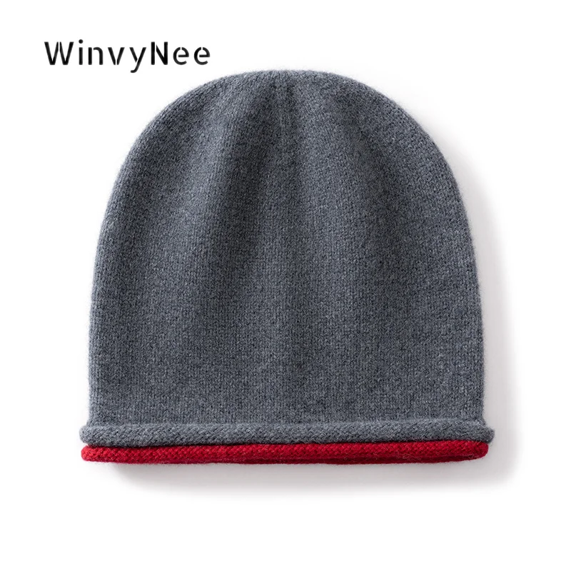 WinvyNee Women 100% Wool Double Roll Cuff Mixed Tone Slouch Hat Knit Skullcap Bonnet Autumn Winter Thick Snug Warm Fits I1883041