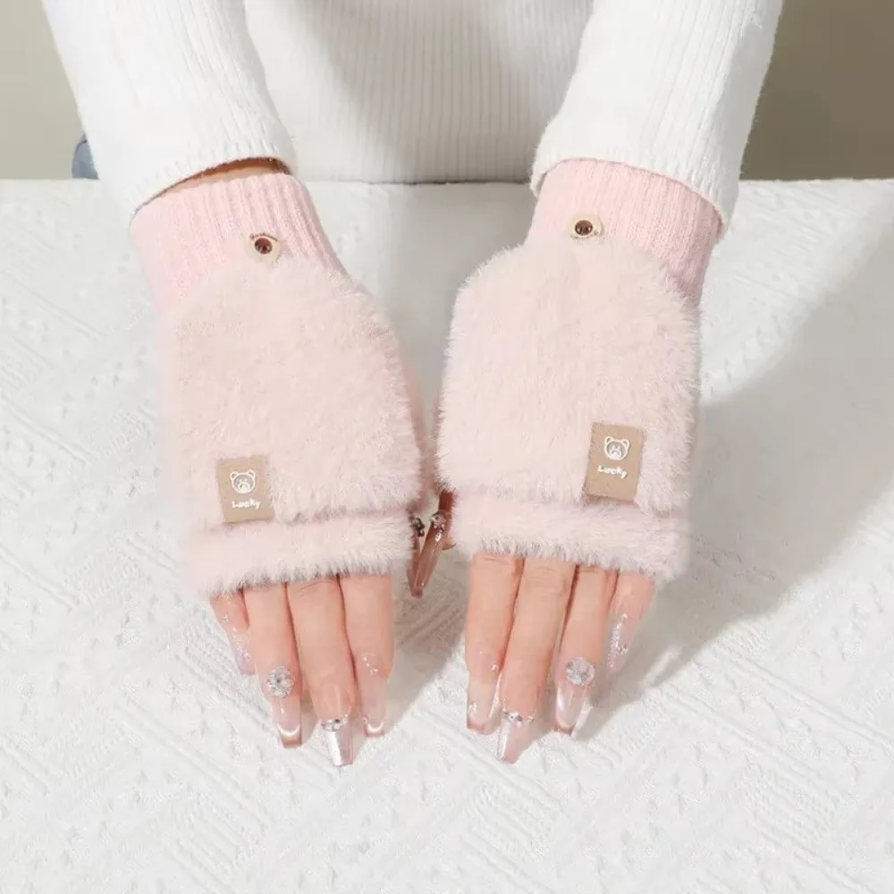 Korean Autumn Winter Half Finger Gloves Warm Touchscreen Gloves Anti-Cold Thickened Flip Cover Gloves Student Writing Gloves