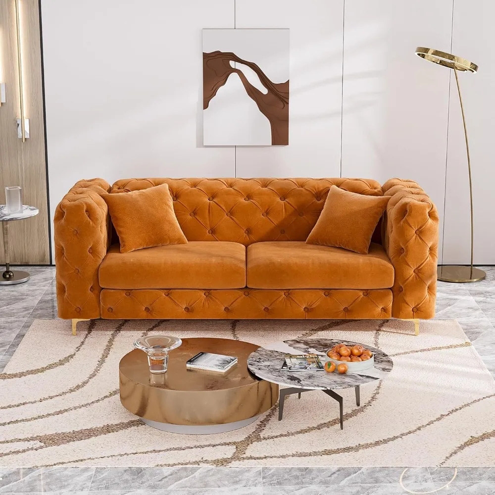 أريكة أريكة مقاس 75 بوصة في منتصف القرن أريكة مخملية حديثة معنقدة بأزرار أريكة مسند ذراع عالي وأرجل ذهبية معدنية ديكور تشيسترفيلد الفاخر مع #3