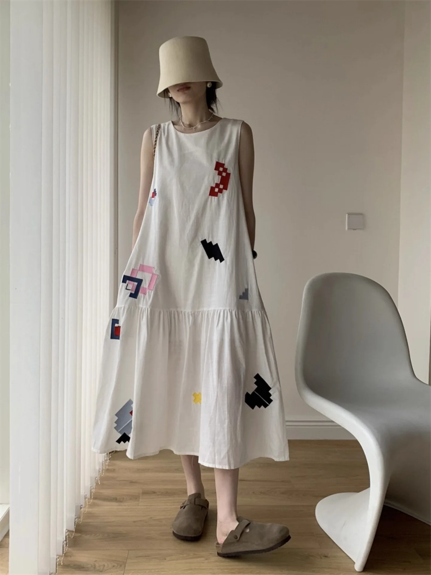 MALCENL KLON Summer Svel geborduurde A-lijn Dr Linen losse Vaion Sle Dr. ort Sve-jurk voor dames