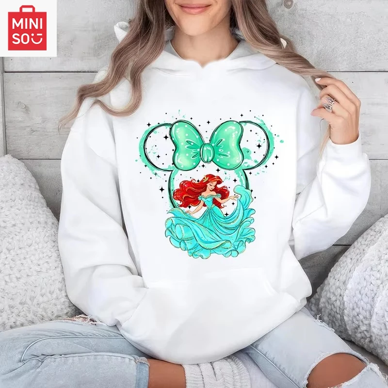 

MINISO Disney Little Mermaid hooded sweatshirt casual top with Mickey Mouse head print for men and women