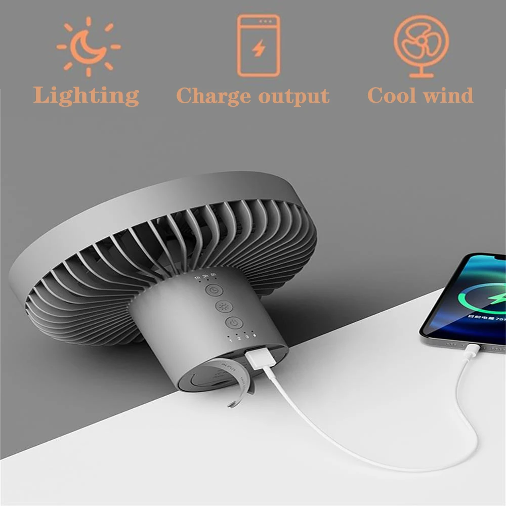 10000mAh Camping Fan Rechargeable Desktop Portable Circulator Wireless Ceiling Electric Fan with Power Bank LED Lighting Tripod