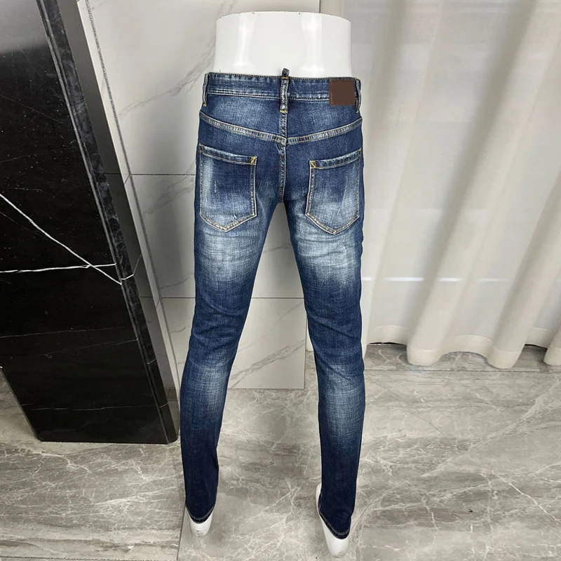 Fashionable new men's jeans, washed with water, nostalgic stretch, slim fit, pleated, retro blue jeans, high street hip-hop bran