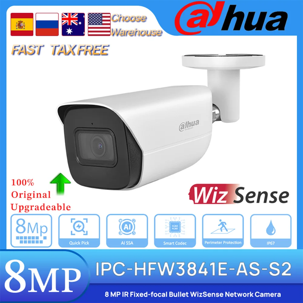 

Dahua Original IPC-HFW3841E-AS-S2 8 MP 30M IR Fixed-focal Bullet WizSense POE Network Camera Alarm Audio I/O SMD AI Built-in Mic