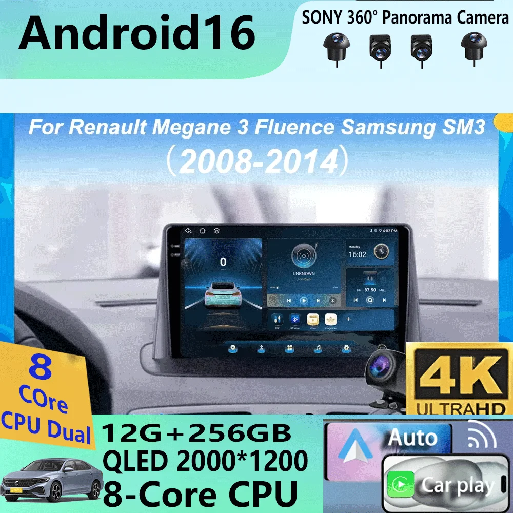 Rádio Automotivo Multimídia Android 16 Carplay Auto para Renault Megane 3 Fluence Samsung SM3 2008 - 2014, Unidade Central Estéreo 2din