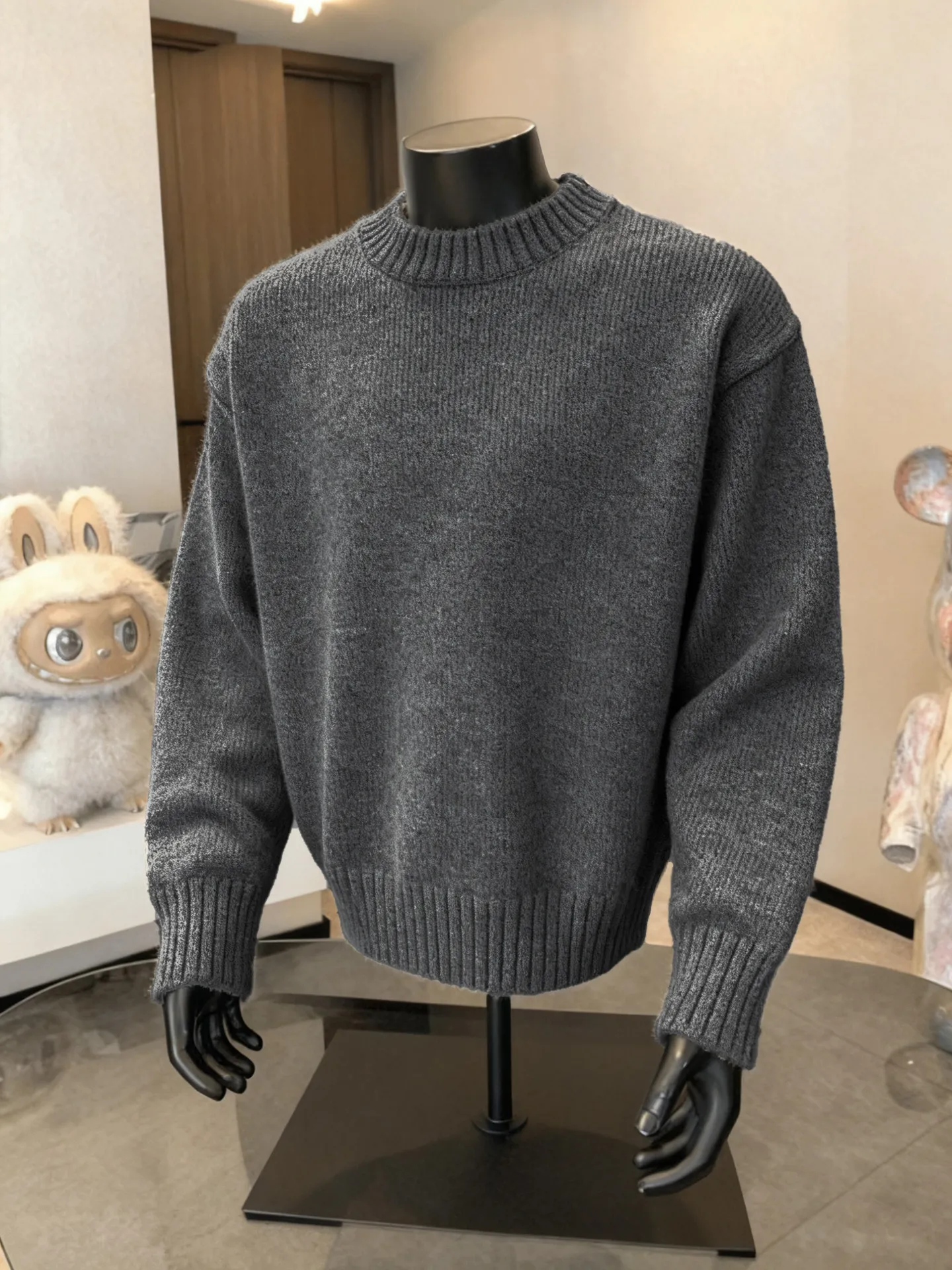 

Deep Grey Men's round Neck Knitwear Thickened American Style Lazy Inner Wear Heavyweight Base Layer Sweater Casual Loose Fit