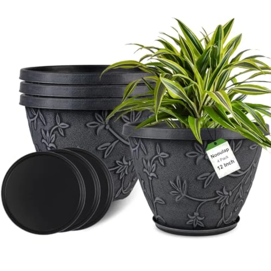 

4 Pack Plant Pots for Outdoor Indoor, Plastic Flower Pots with Draage Hole and Saucer, Modern Decorative Large Garden Pot, Imit