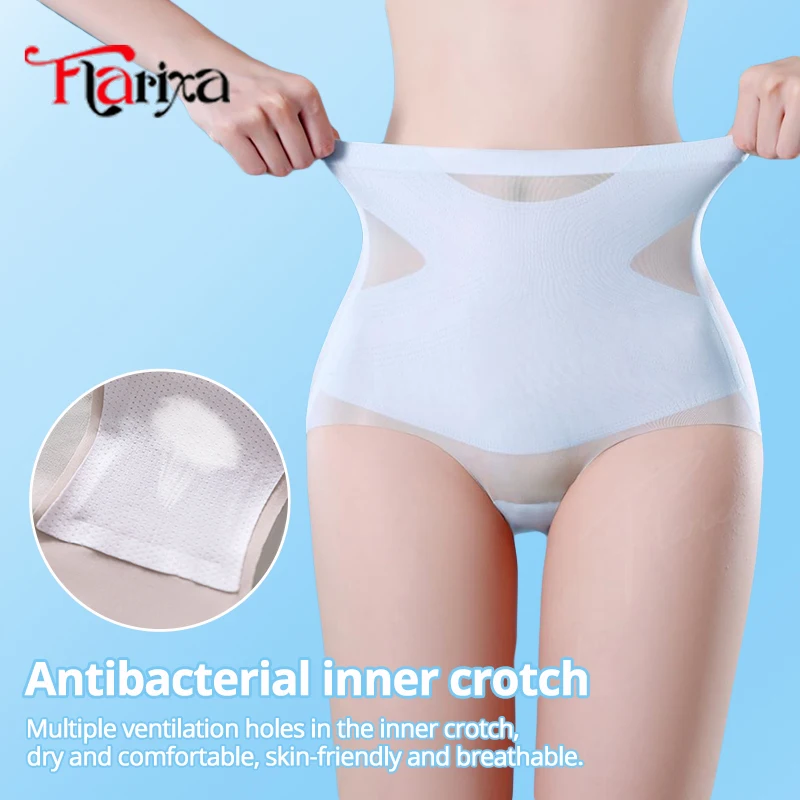 Flarixa Ultra Thin Ice Silk Panties Women Seamless High Waist Briefs Lingerie Double Layer Tummy Control Breathable Underwear image 3