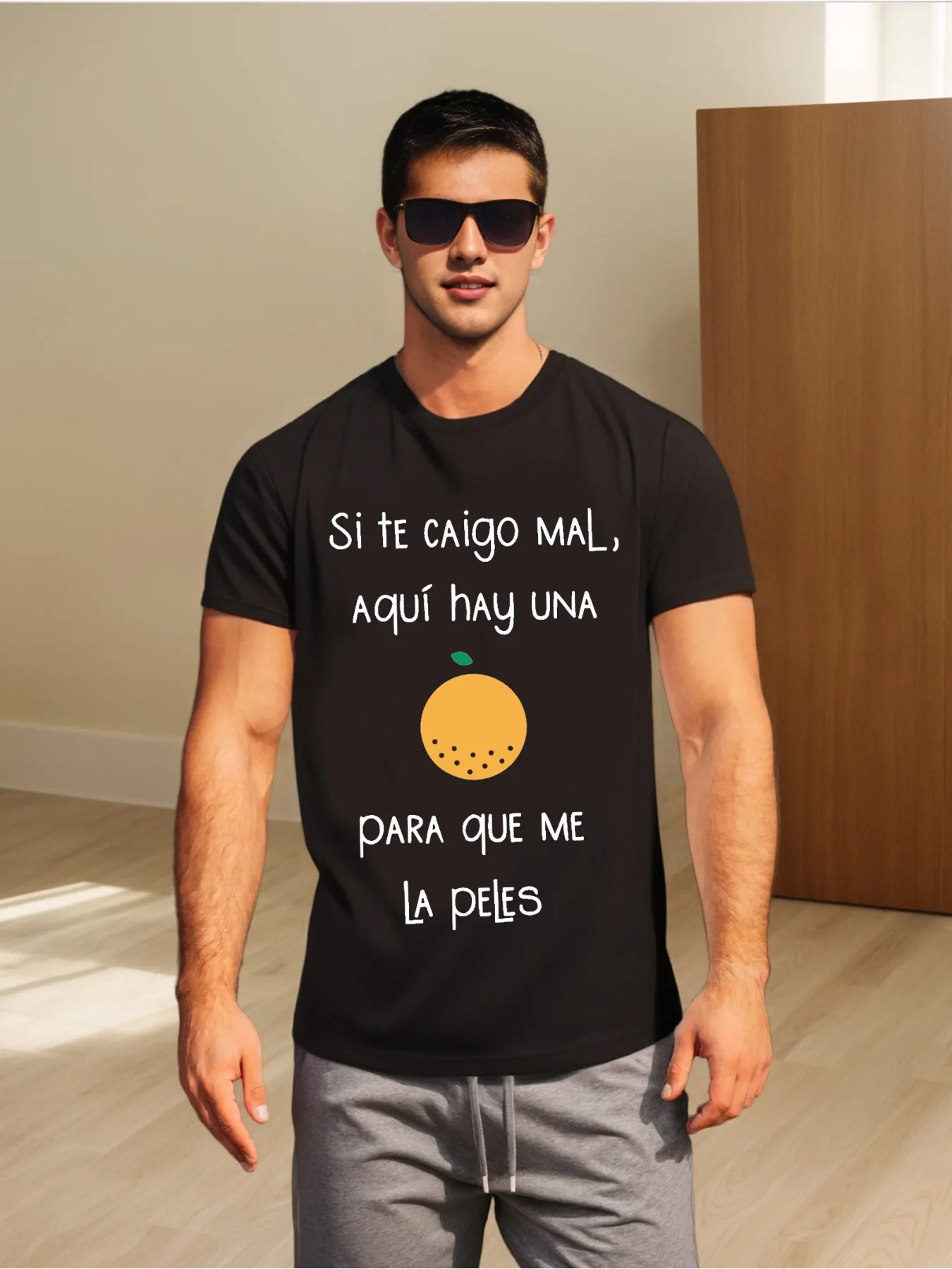 

"Si Te Caigo Mal, Aqui Hay Una Para Que Me La Peles" Humorous Black T-Shirt - Soft Cotton Blend, Casual Crew Neck, Short Sleeve