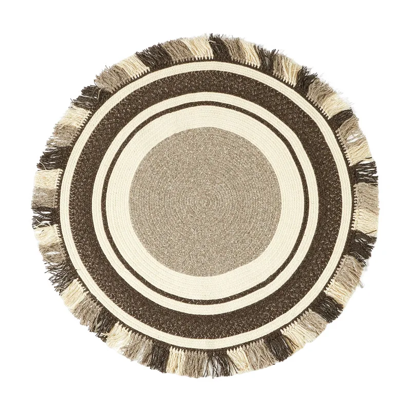 

Round wool woven carpet, French wabi-sabi in living room, fringed floor mat