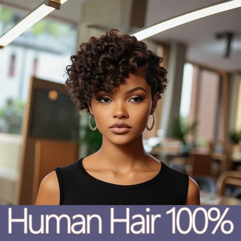 

Парик из натуральных человеческих волос, короткий, с прядями Spring Curl, естественного цвета, стрижка пикси, многослойный, с небрежными кудрями и челкой, бразильские волосы, полностью машинной работы.