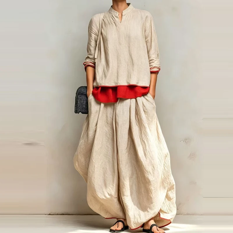 New Casual Color Block Female Suit Women Solid 2 Piece Outfit Elegant O Neck Long Sleeve Blouse & Loose Wide Leg Harem Pants Set