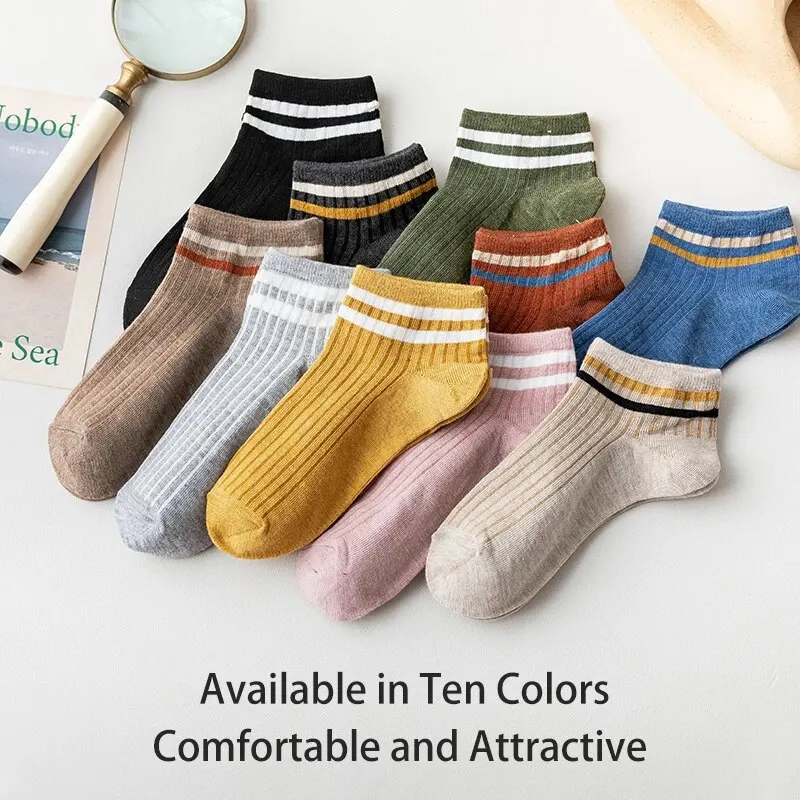 10 Pairs of Women\'s Spring and Summer Four-seasons Striped Solid Color Simple Fashionable and Comfortable School Students Socks