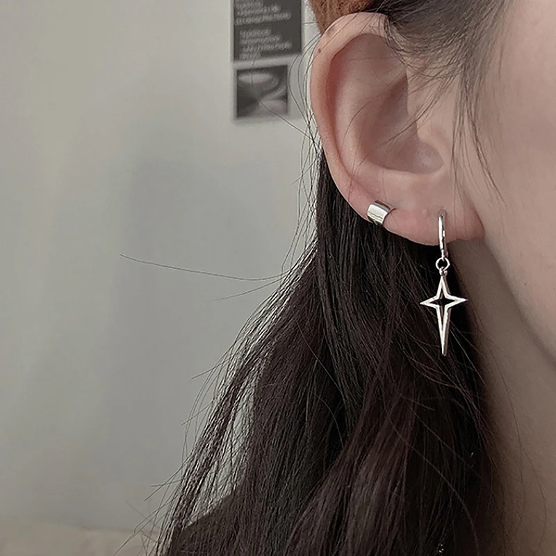 Gothic Punk Style Alloy Drop Earrings Black/Silver Color Stars Cross Simple Fashion Ear Stud For Women Men Rock Jewelry