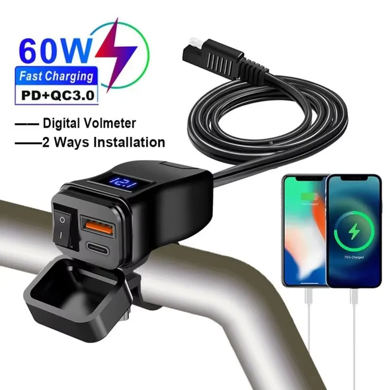 

PD+QC3.0 Motorcycle USB Fast Charger 60W Handlebar Dual USB Socket with Switch Voltmeter Waterproof 12V Power Supply Adapter