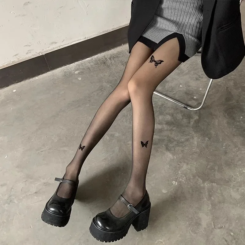 Women Mesh Gothic White Black Skin Effect Stockings Pantyhose Sexy Lolita with Pattern Butterfly Japanese Nightclub Style Tights