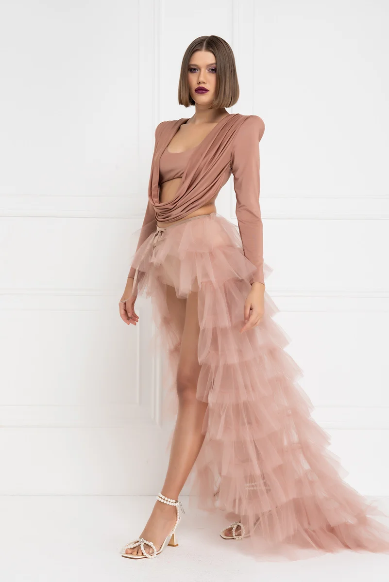 Blush Pink Ruffled Tiered Long Maxi Skirts Women See Thru Tulle Over Wrap Skirts Custom Made Boho Detachable Train