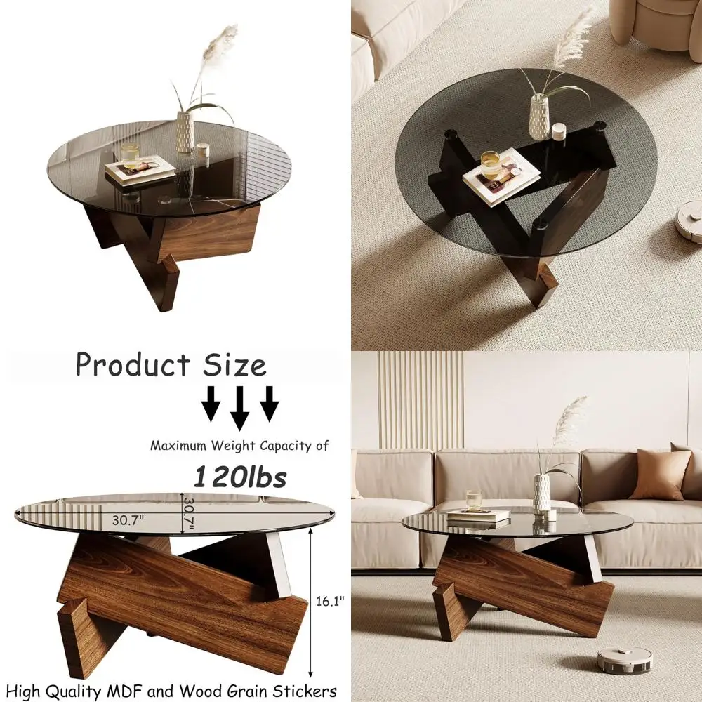 

Walnut Modern Round Coffee Table, 30.7 Diameter x 16.1 High, Tempered Glass Top for Living Spaces