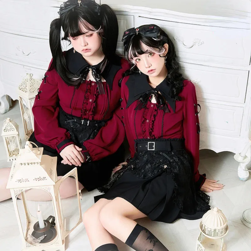 Gothic Y2k Lolita Shirt Japanese Harajuku Women Girls Sweet Lace Ruffles Bow Long leeve Bat Collar Blouses Punk Clothes Tops