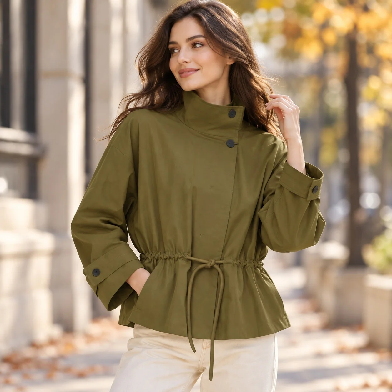 Stand Collar No Hood Coat Mid Length Japanese Korean Casual with Regular Fit Medium Weight Long Sleeve Women Autumn Jacket
