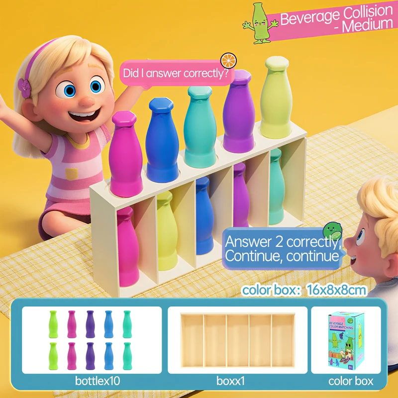 Hölzernes Farbklassifizierungsspiel, sensorisches Lernspielzeug, Montessori, Ratet mal die Farbe der Flasche, interaktive Eltern-Kind-Spiele