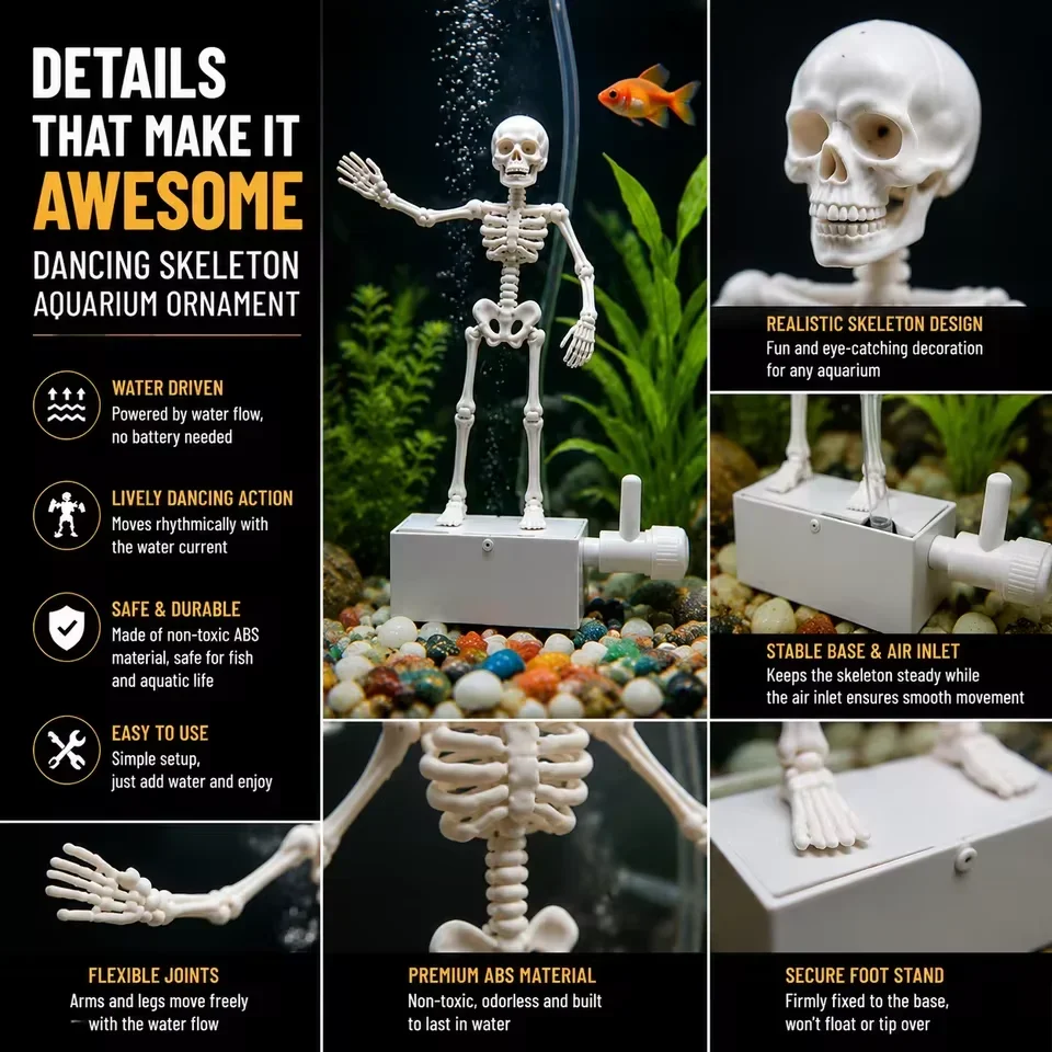 Blasenbetriebenes Bewegliches Tanzendes Skelett-Ornament, Lustige Halloween-Aquarium-Dekoration für Süß- und Salzwasser-Aquarien – Detail 6