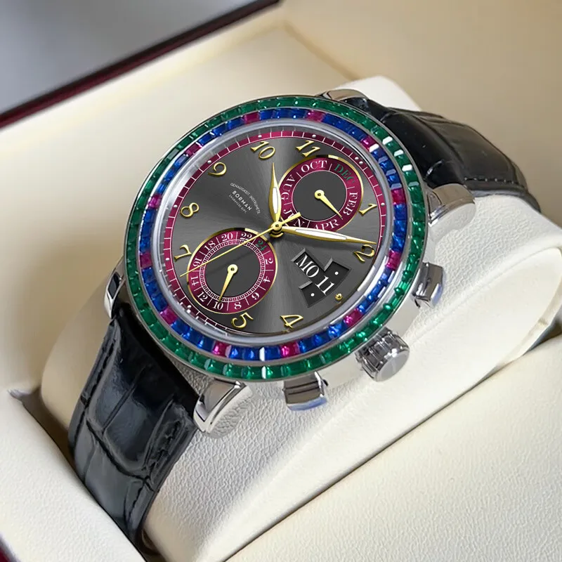 

BORMAN мужские автоматические часы винтажные 42 мм механические наручные часы с сапфировым стеклом со светящимся кристаллом безель с несколькими циферблатами год месяц неделя дата