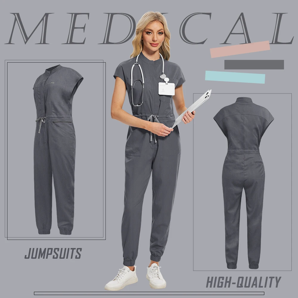 New Medical Scrub Wear for Women Nurse Siamese Trendy Zip Neck Uniform Plus Size Nursing Clothes Lab Dentistry Surgical Jumpsuit